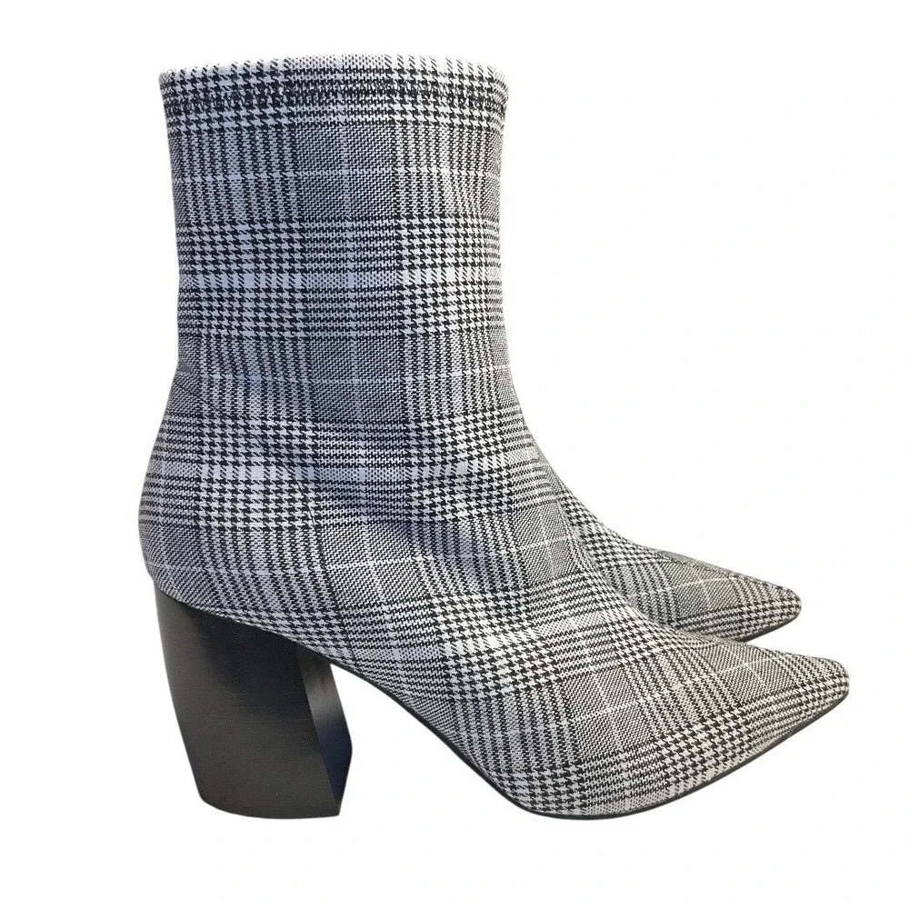Jeffrey Campbell Glen Plaid Ankle Boot Womens 7.5 Pointed Toe Block Heel Booties